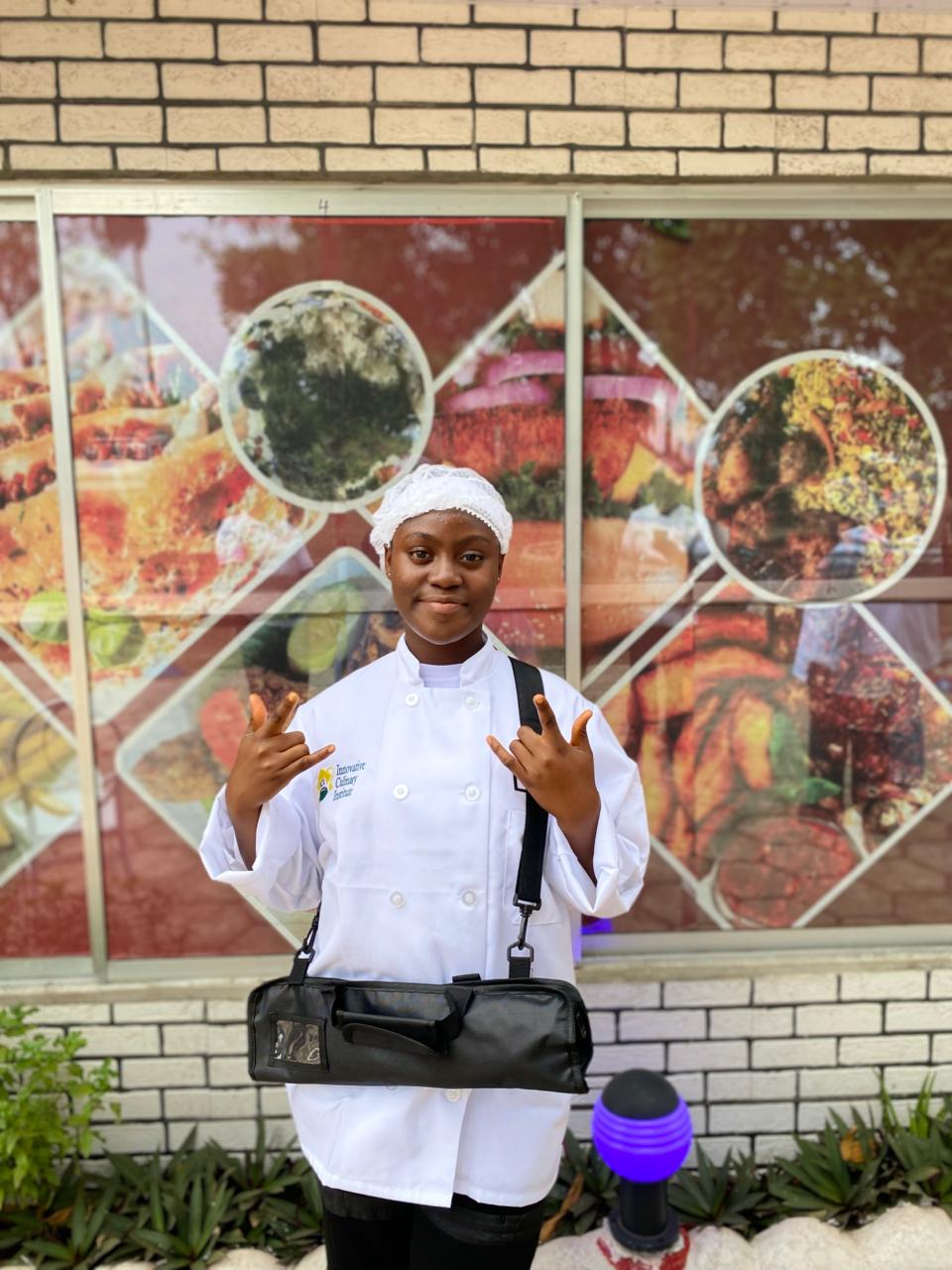 Culinary student with her chef knife roll
